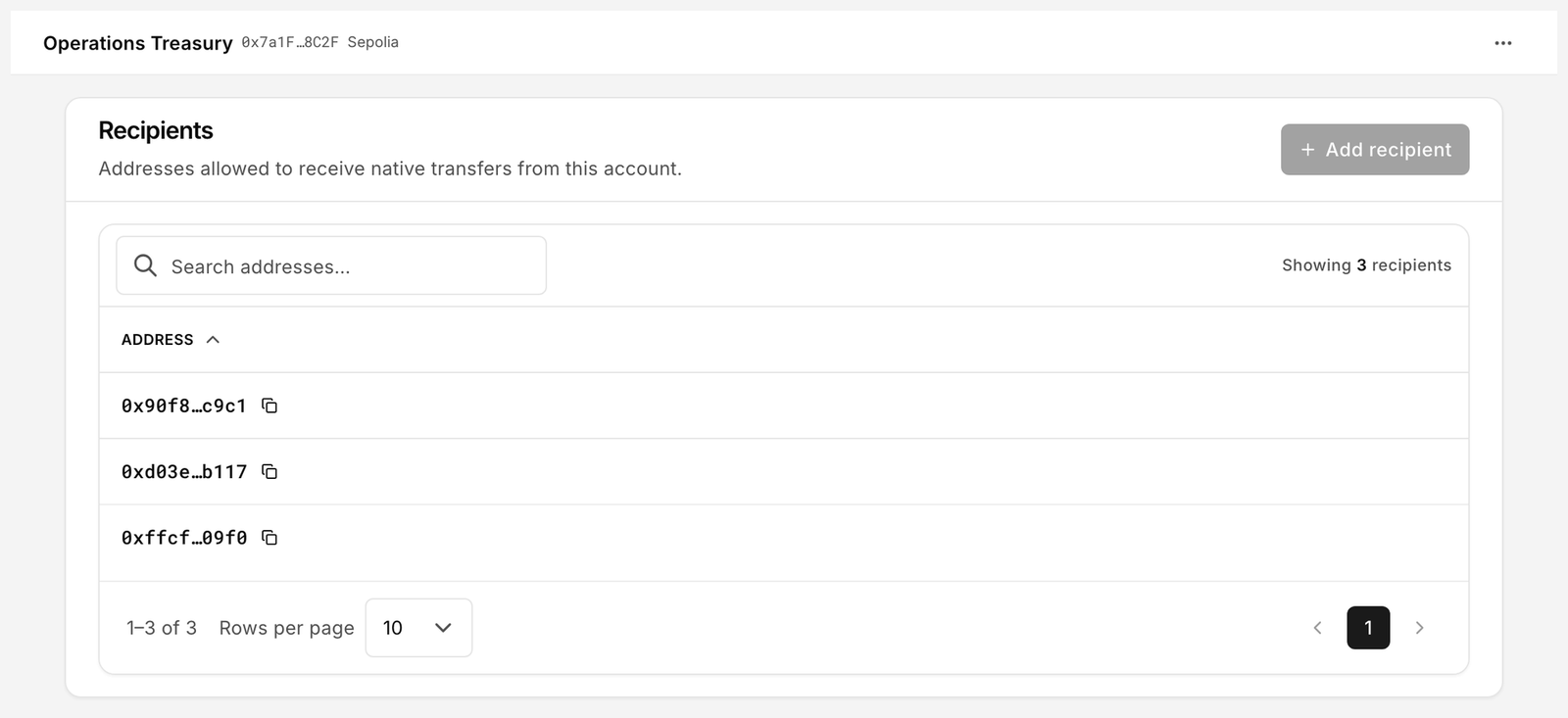 Recipients allowlist page listing addresses allowed to receive native transfers