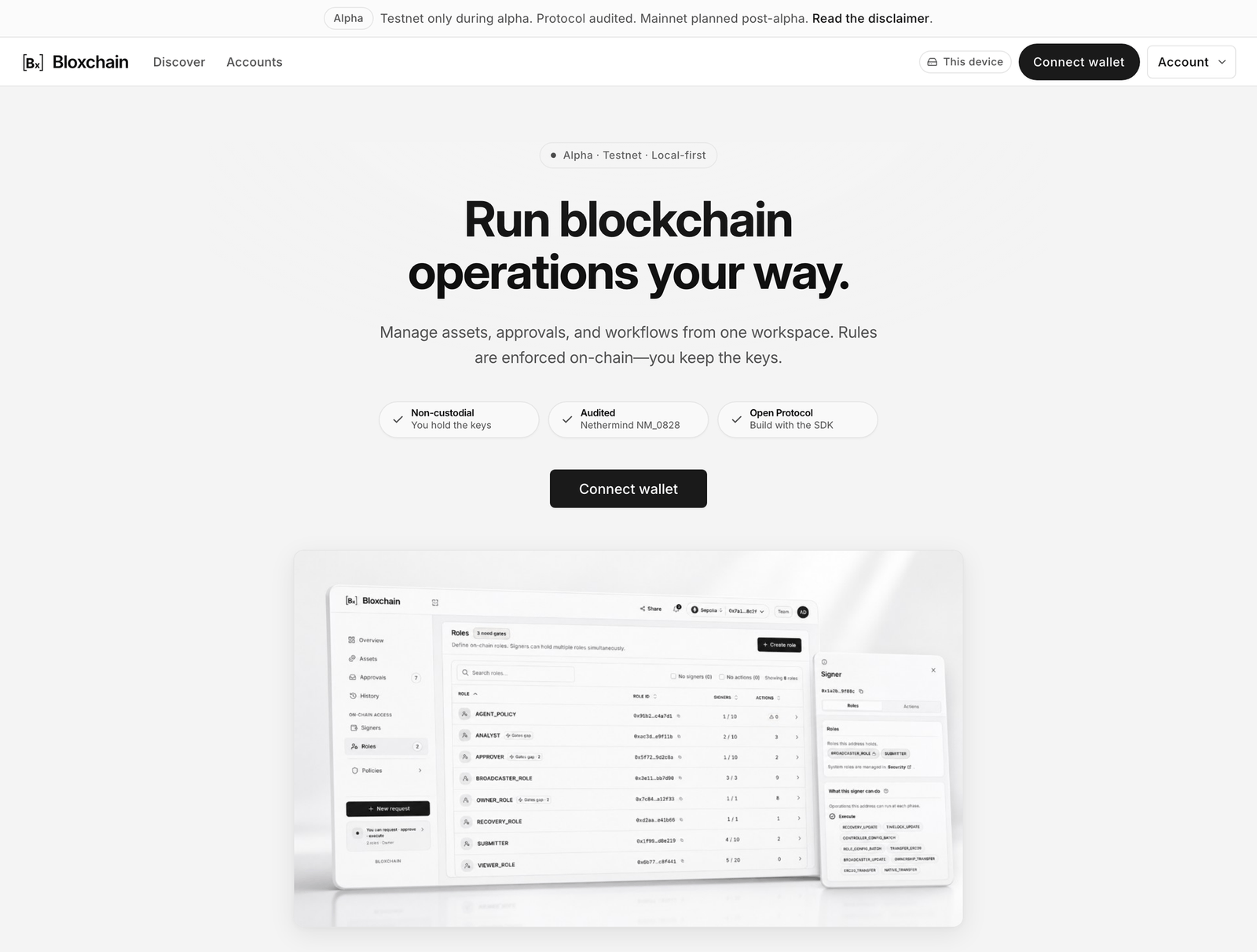 Bloxchain Platform home page, signed out, with the Connect wallet button and the Policy before execution section