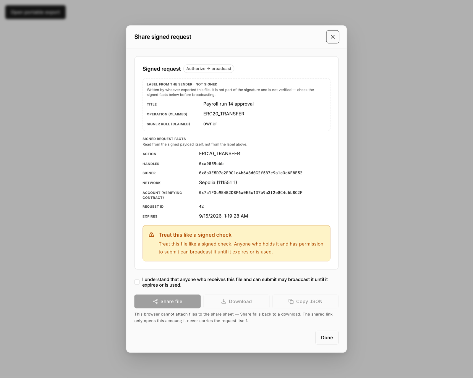 Share signed request dialog with the acknowledgement checkbox and Share file, Download and Copy JSON buttons
