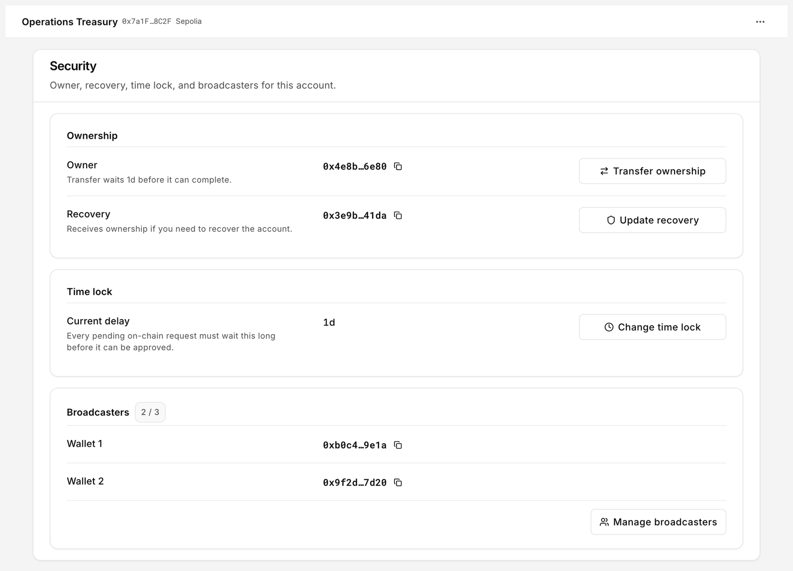 Policies Security page showing Owner, Recovery, Time lock and Broadcasters