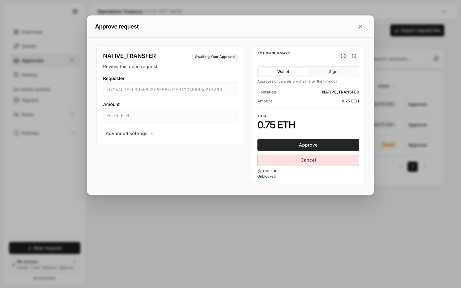 Approve request dialog with the Wallet and Sign toggle, Approve and Cancel buttons