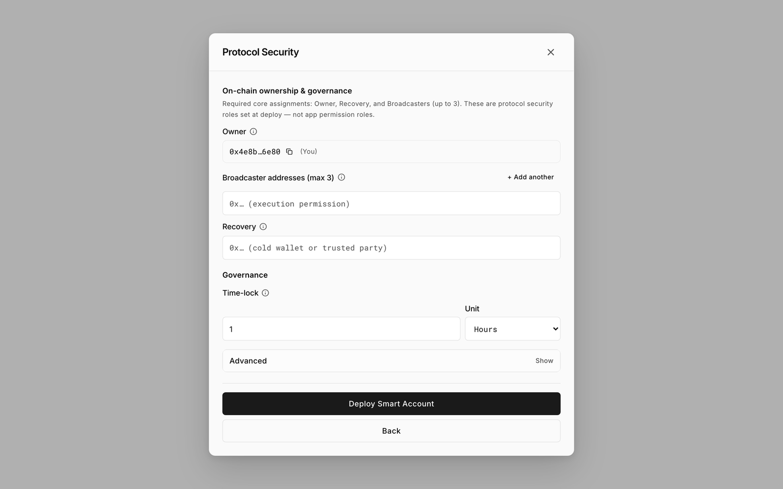 Deploy Smart Account step 2, Protocol Security, with Owner, Broadcaster addresses, Recovery and Time-lock fields