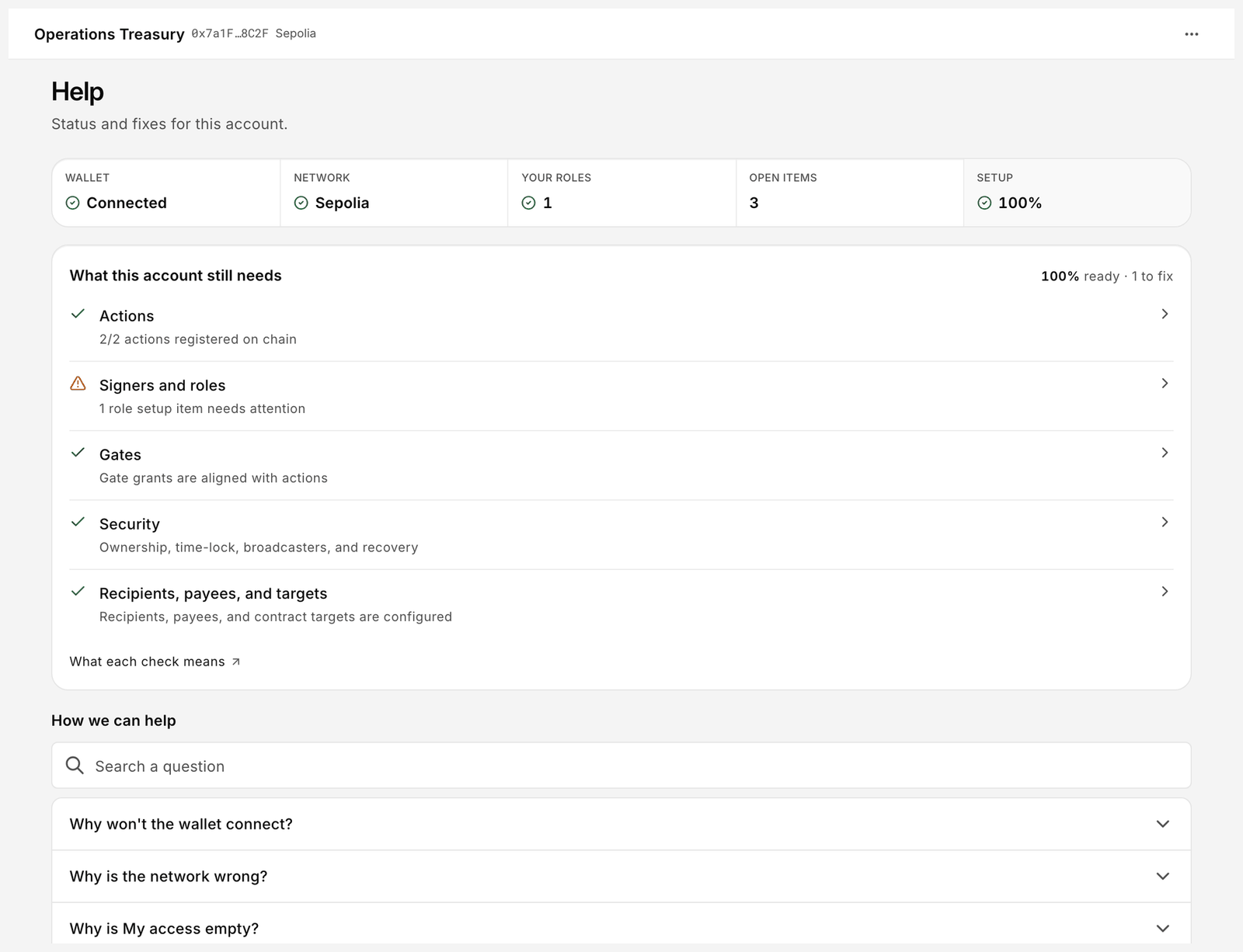 Help page with Wallet, Network, Your roles, Open items and Setup tiles above the What this account still needs checklist