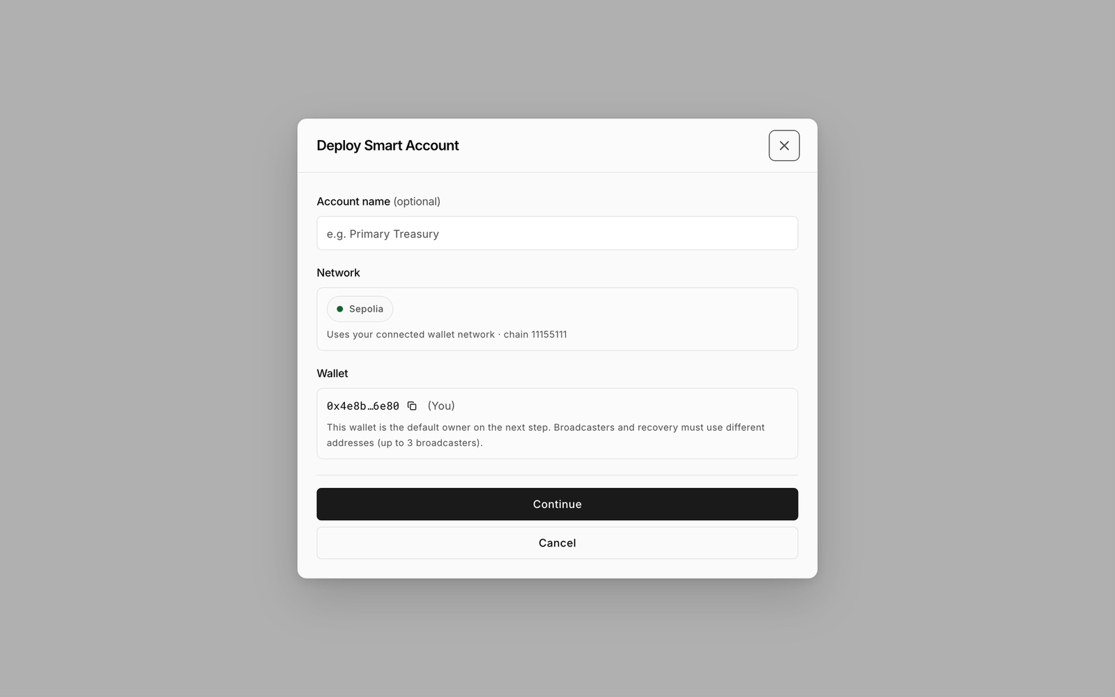 Deploy Smart Account step 1 with Account name, Network and Wallet fields