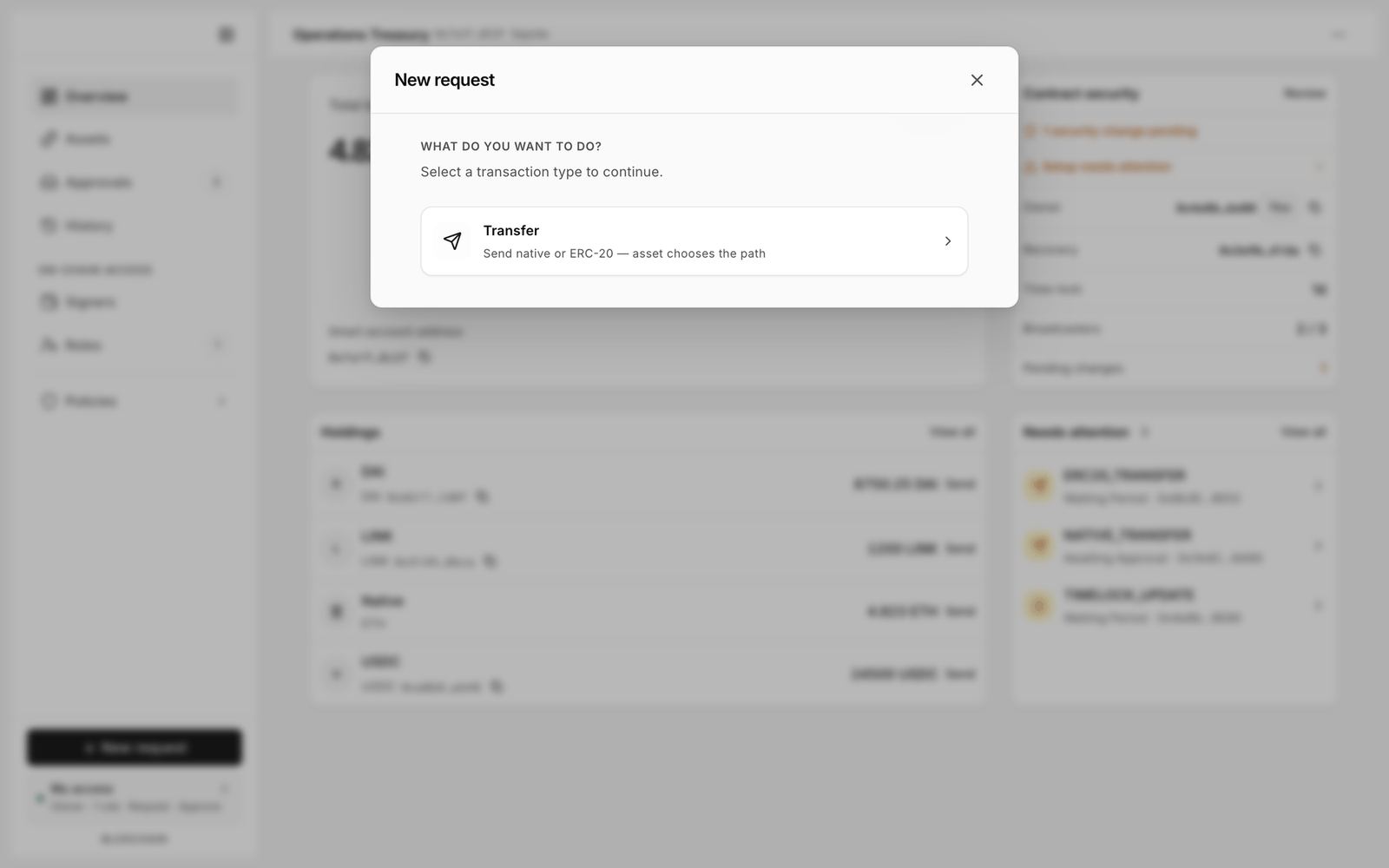 New request dialog asking what you want to do, with Transfer, Mint and Burn cards